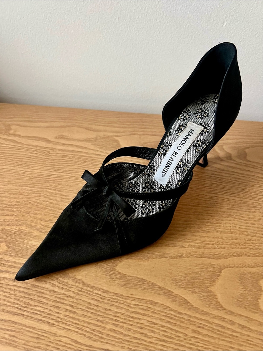 Manolo Blahnik Black Satin Pointed D'Orsay Pump with Bow Strap